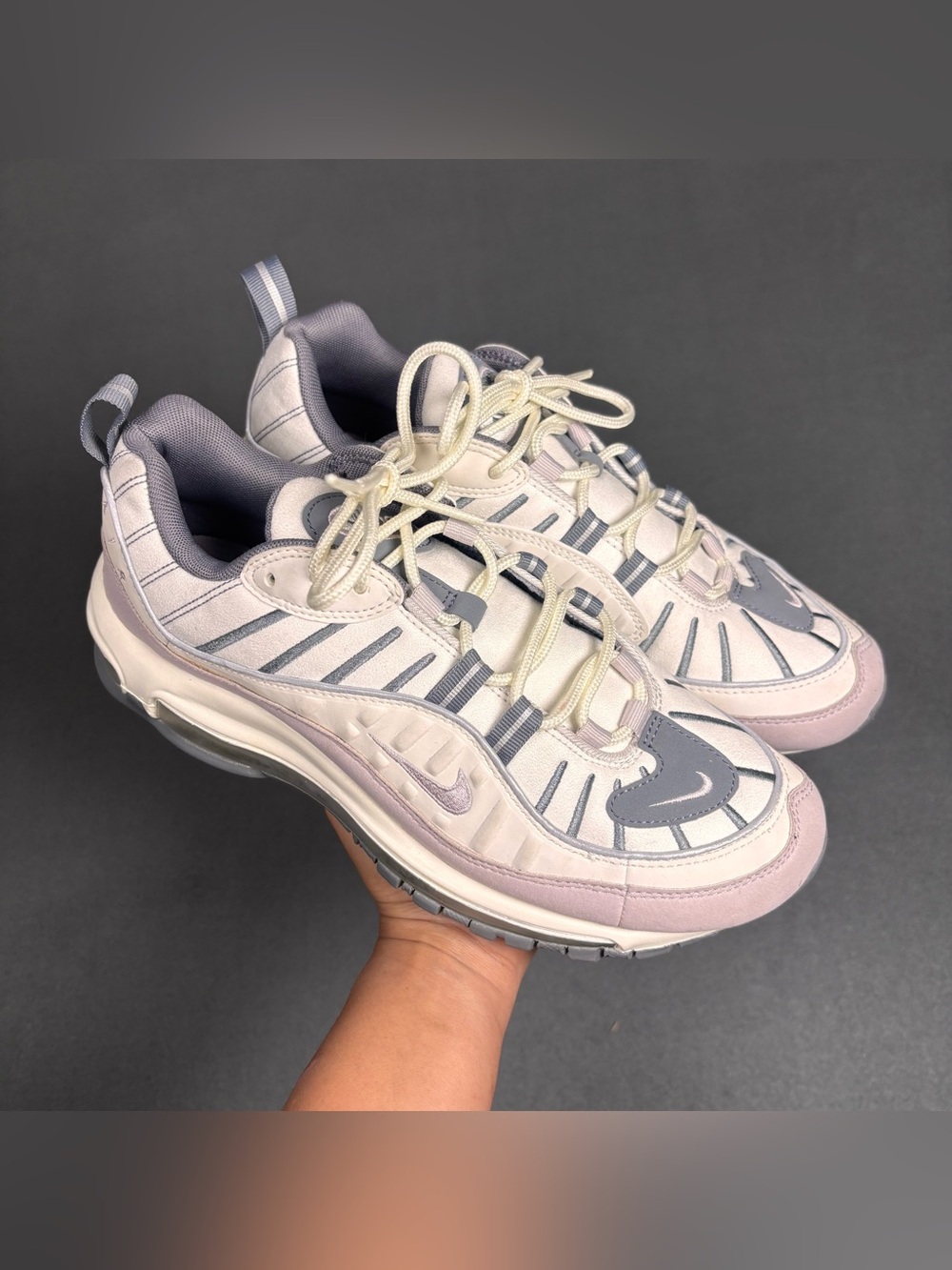 Nike Air Max 98 Violet Ash Running Shoes Women’s White Grey Reflect Size 9